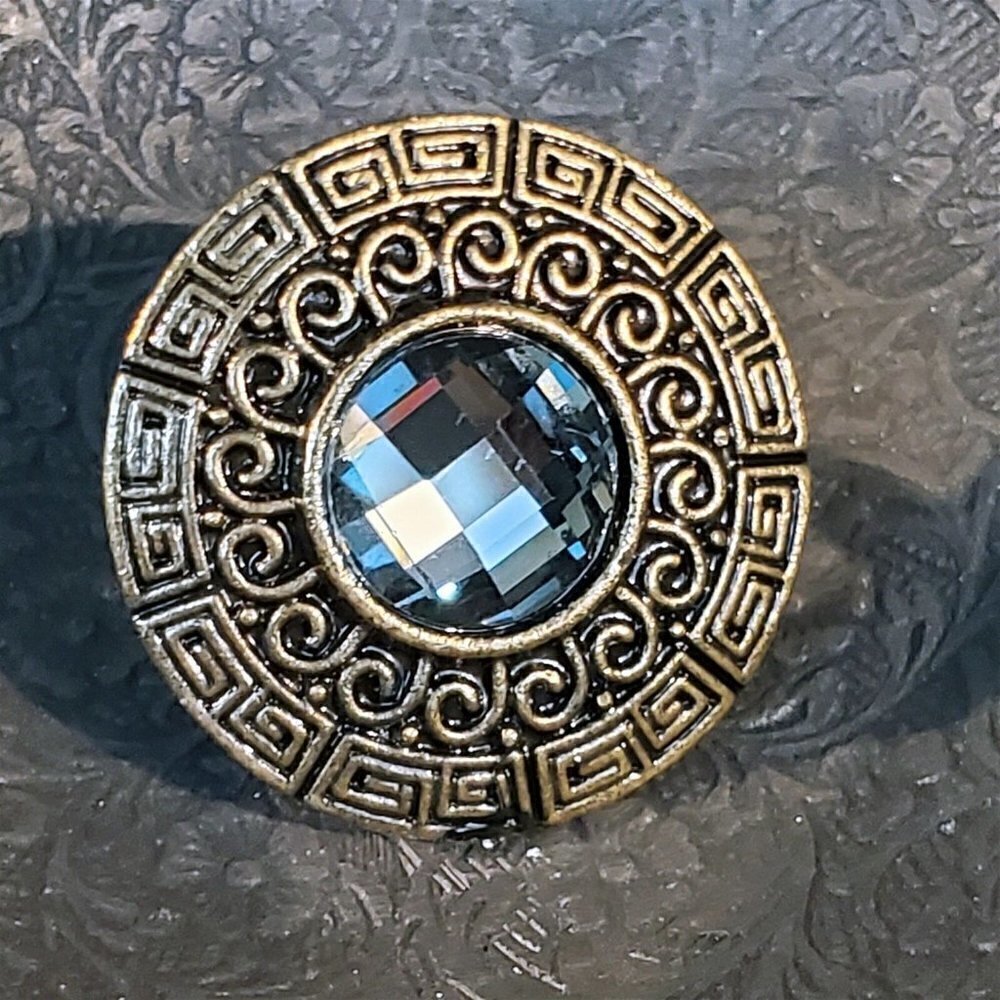 Y2K Bronze Smoke Faceted Crystal Round Greek Key Cocktail Ring Vintage Grunge